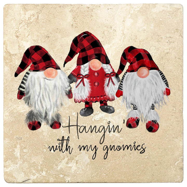 4" Christmas Holiday Travertine Coasters - Three Gnomes - Hanging with the Gnomies, 2 Sets of 4, 8 Pieces - Christmas by Krebs Wholesale