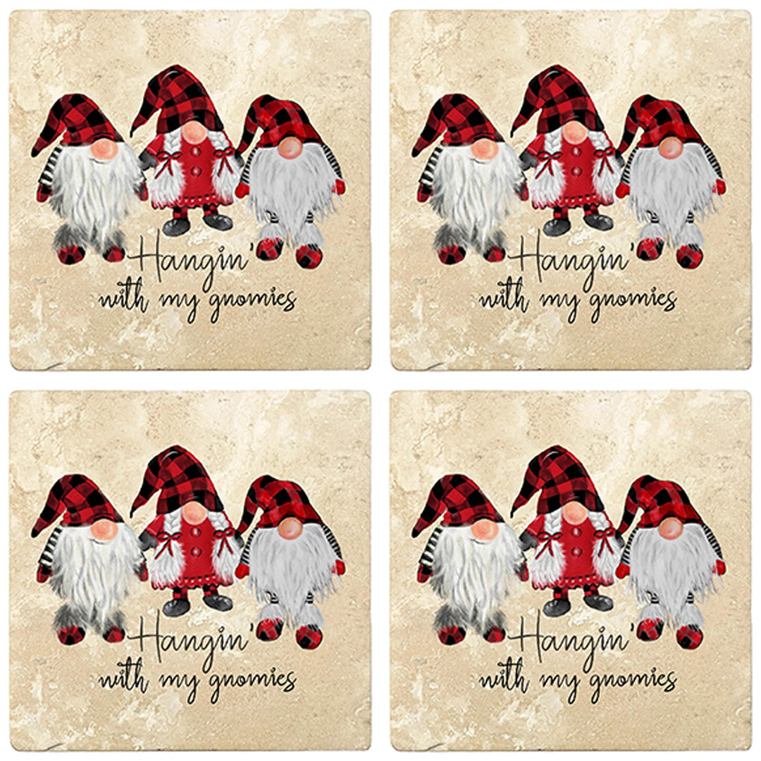 4" Christmas Holiday Travertine Coasters - Three Gnomes - Hanging with the Gnomies, 2 Sets of 4, 8 Pieces - Christmas by Krebs Wholesale