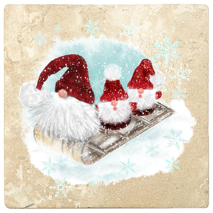 4" Christmas Holiday Travertine Coasters - Three Gnomes on Sled, 2 Sets of 4, 8 Pieces - Christmas by Krebs Wholesale