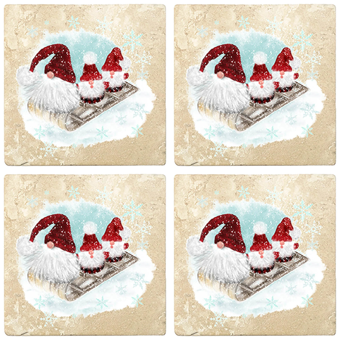 4" Christmas Holiday Travertine Coasters - Three Gnomes on Sled, 2 Sets of 4, 8 Pieces - Christmas by Krebs Wholesale