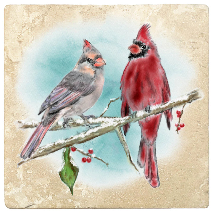 4" Christmas Holiday Travertine Coasters - Two cardinals, 2 Sets of 4, 8 Pieces - Christmas by Krebs Wholesale
