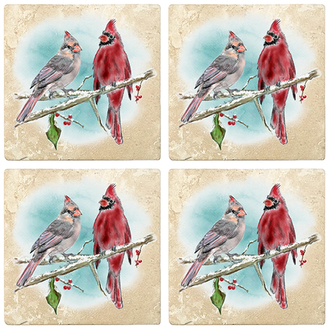 4" Christmas Holiday Travertine Coasters - Two cardinals, 2 Sets of 4, 8 Pieces - Christmas by Krebs Wholesale