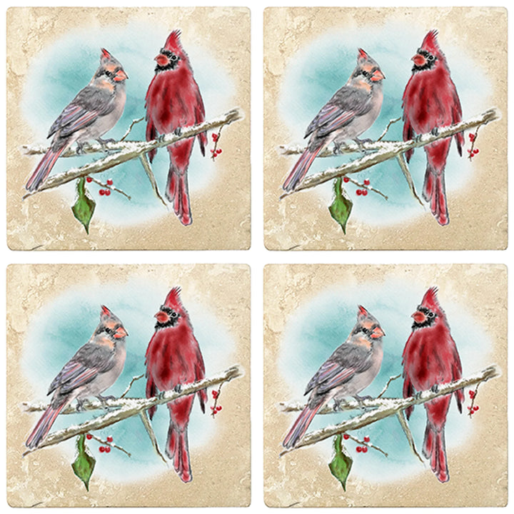 4" Christmas Holiday Travertine Coasters - Two cardinals, 2 Sets of 4, 8 Pieces - Christmas by Krebs Wholesale