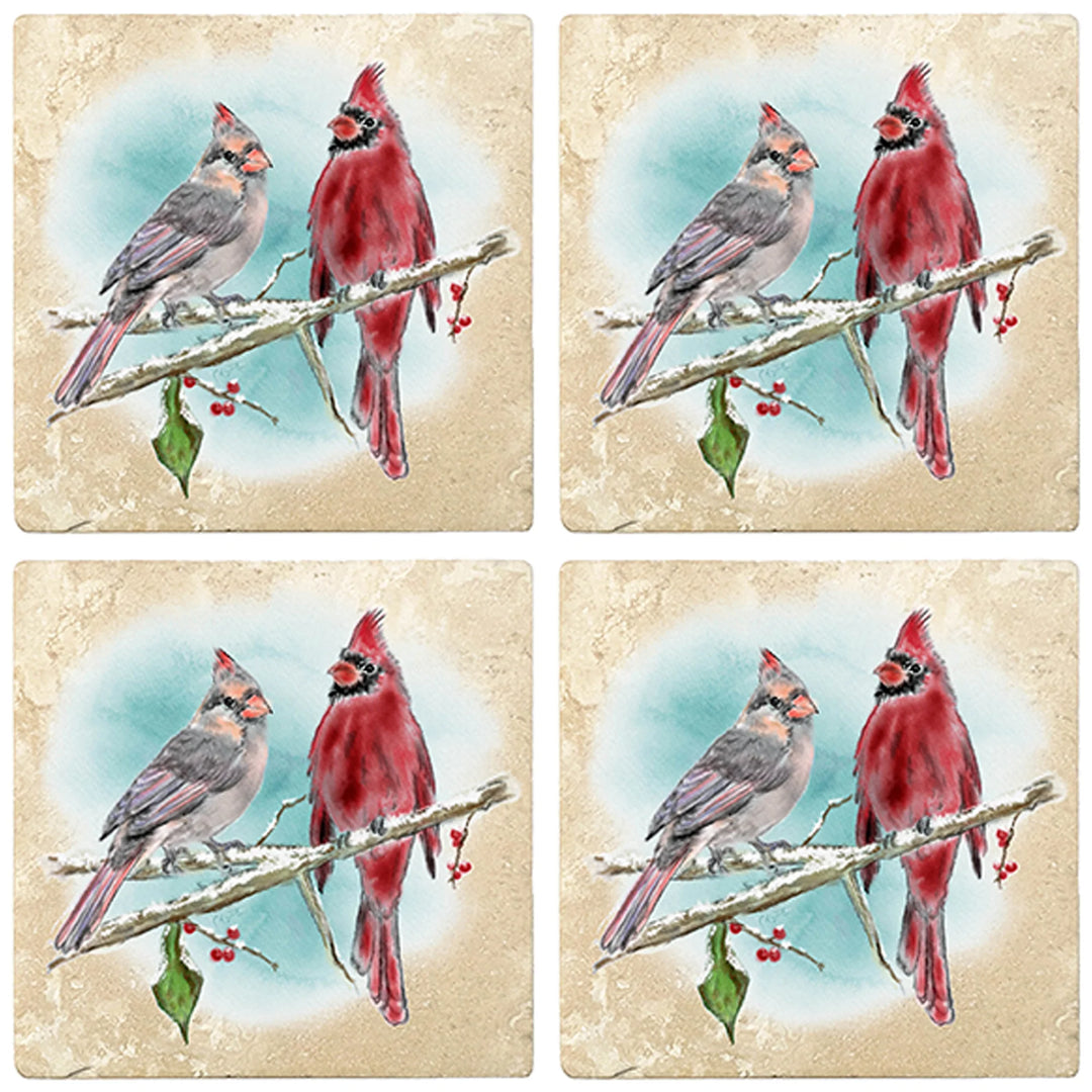 4" Christmas Holiday Travertine Coasters - Two cardinals, 2 Sets of 4, 8 Pieces - Christmas by Krebs Wholesale