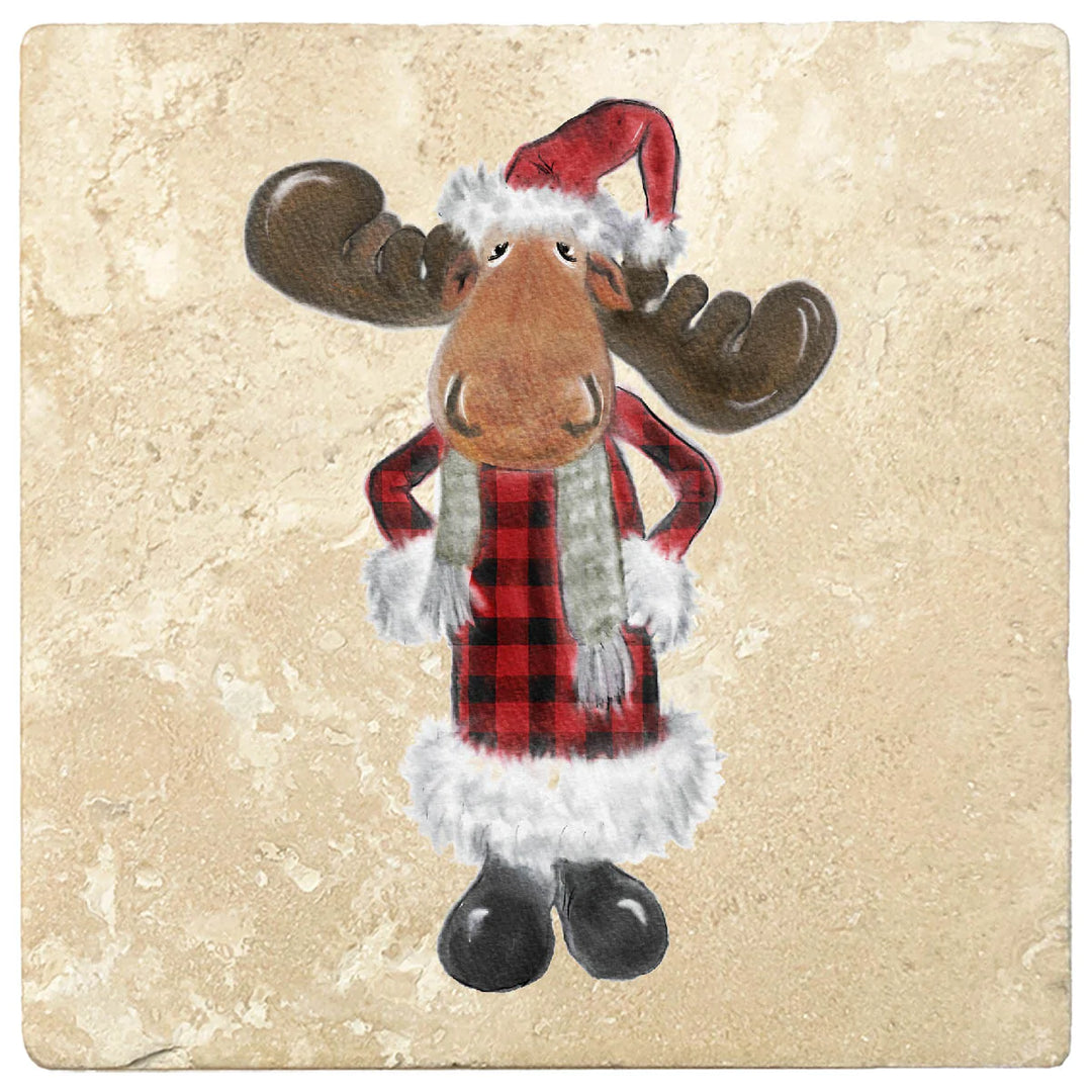 4" Christmas Holiday Travertine Coasters - Moose in Santa Costume, 2 Sets of 4, 8 Pieces - Christmas by Krebs Wholesale
