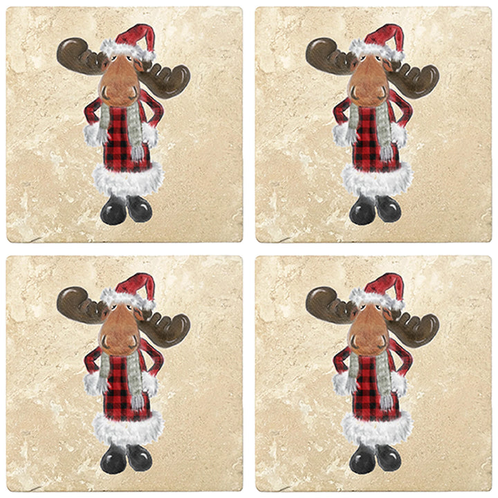 4" Christmas Holiday Travertine Coasters - Moose in Santa Costume, 2 Sets of 4, 8 Pieces - Christmas by Krebs Wholesale