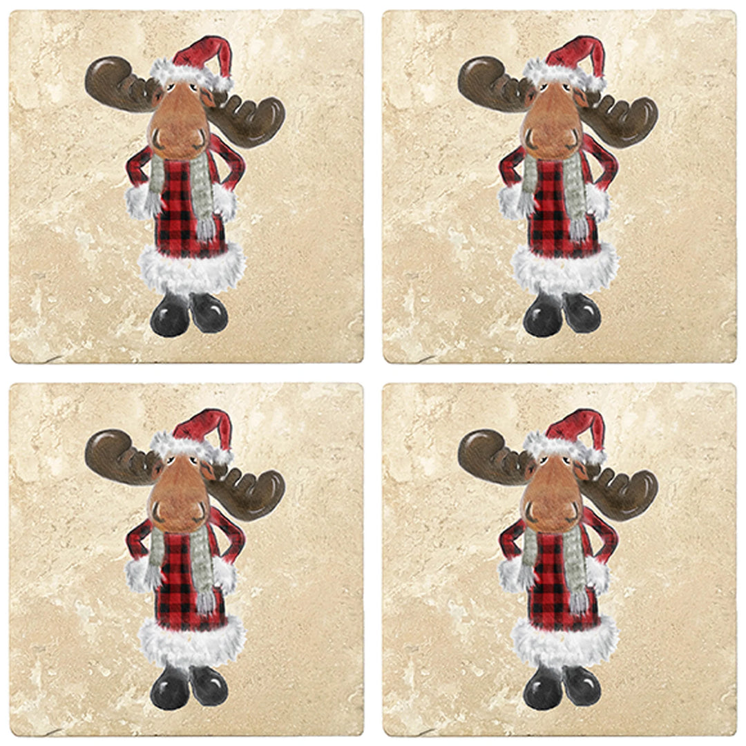 4" Christmas Holiday Travertine Coasters - Moose in Santa Costume, 2 Sets of 4, 8 Pieces - Christmas by Krebs Wholesale