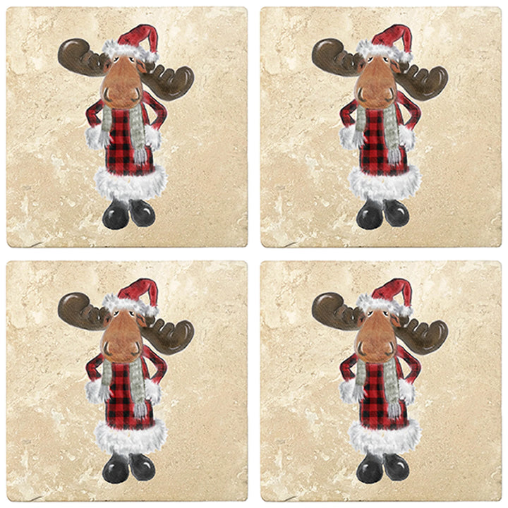 4" Christmas Holiday Travertine Coasters - Moose in Santa Costume, 2 Sets of 4, 8 Pieces - Christmas by Krebs Wholesale