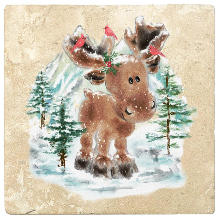 4" Christmas Holiday Travertine Coasters - Moose in Woods with Cardinals, 2 Sets of 4, 8 Pieces - Christmas by Krebs Wholesale