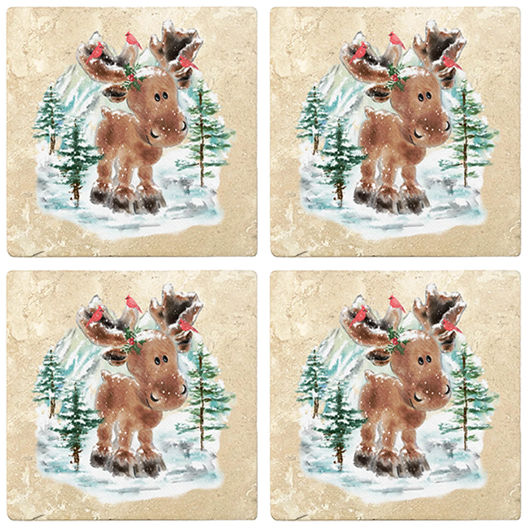 4" Christmas Holiday Travertine Coasters - Moose in Woods with Cardinals, 2 Sets of 4, 8 Pieces - Christmas by Krebs Wholesale