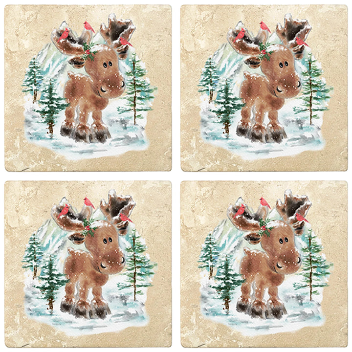 4" Christmas Holiday Travertine Coasters - Moose in Woods with Cardinals, 2 Sets of 4, 8 Pieces - Christmas by Krebs Wholesale