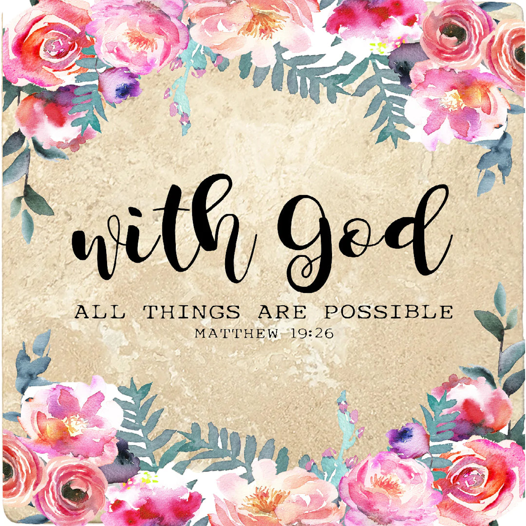 4 inch Square Travertine Religious Gift Coasters With God All Things Are Possible, 2 Sets of 4, 8 Pieces - Christmas by Krebs Wholesale