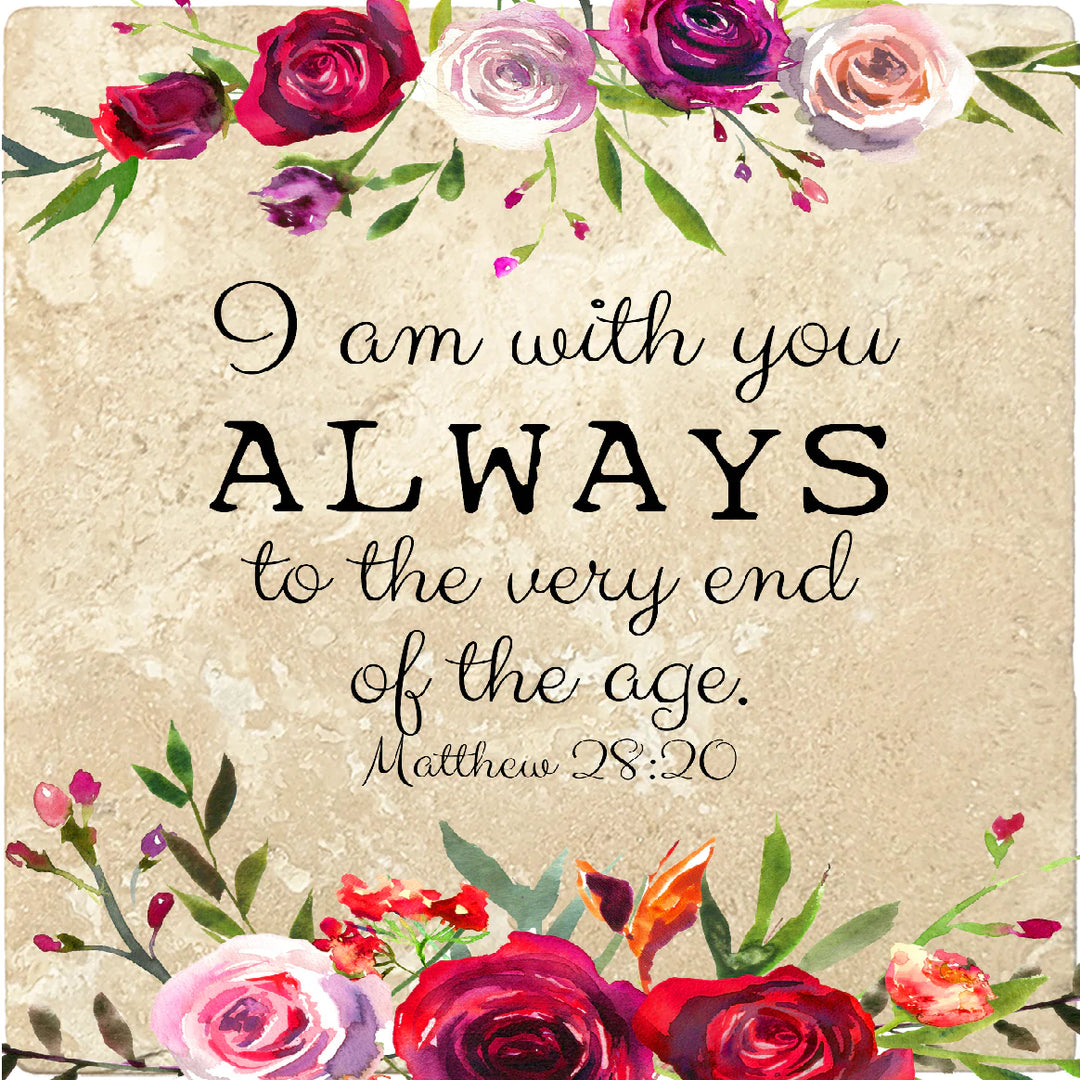 4 inch Square Travertine Religious Gift Coasters I Am With You Always, 2 Sets of 4, 8 Pieces - Christmas by Krebs Wholesale