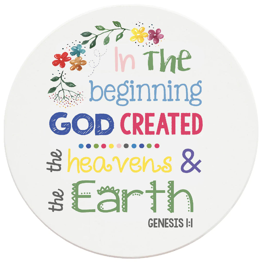 4 inch Round Religious Ceramic Coasters In The Beginning God Created, 2 Sets of 4, 8 Pieces - Christmas by Krebs Wholesale