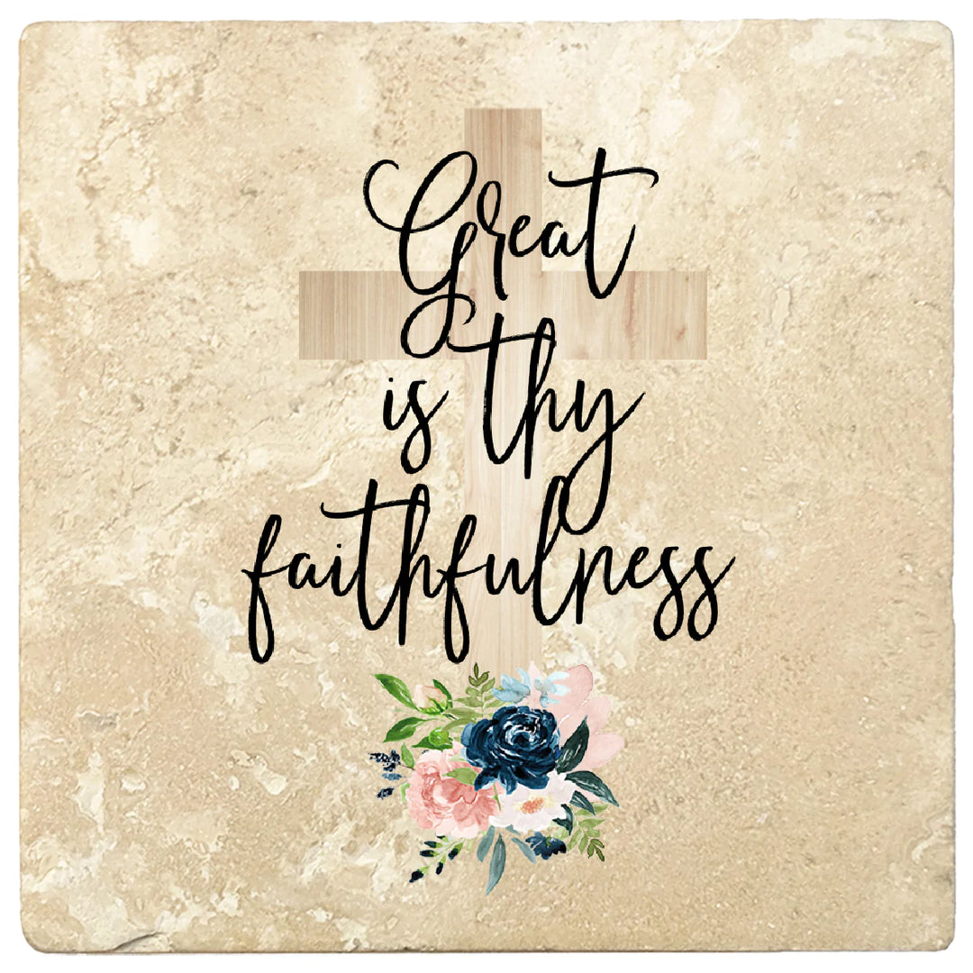 4 inch Square Travertine Religious Gift Coasters Great Is Thy Faithfulness, 2 Sets of 4, 8 Pieces - Christmas by Krebs Wholesale