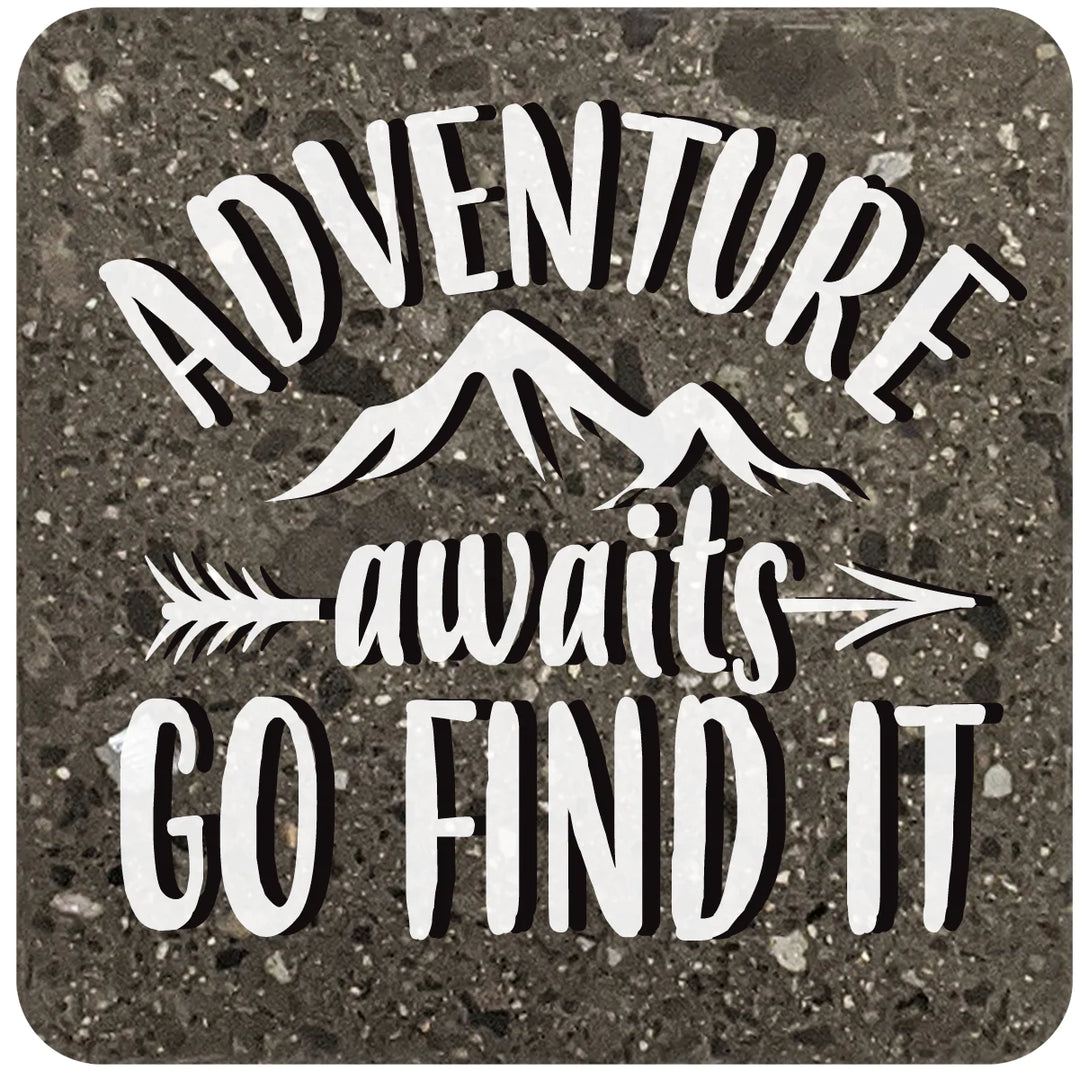 4" Square Black Stone Coaster - Adventure Awaits Go Find It, 2 Sets of 4, 8 Pieces - Christmas by Krebs Wholesale