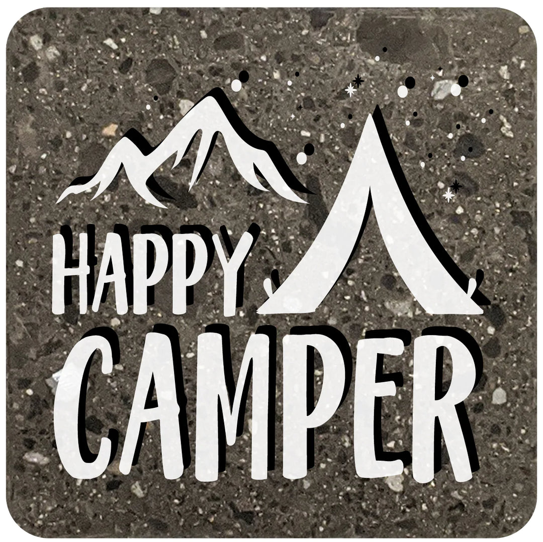 4" Square Black Stone Coaster - Happy Camper, 2 Sets of 4, 8 Pieces - Christmas by Krebs Wholesale