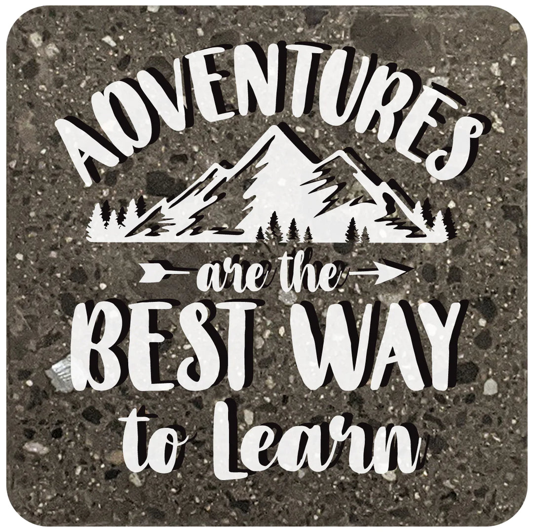 4" Square Black Stone Coaster - Adventures Are The Best Way To Learn, 2 Sets of 4, 8 Pieces - Christmas by Krebs Wholesale