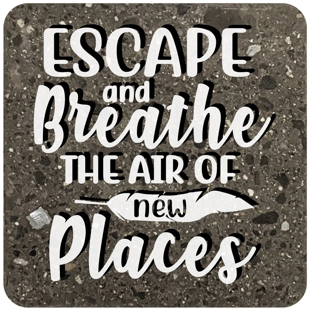 4" Square Black Stone Coaster - Escape And Breathe The Air Of New Places, 2 Sets of 4, 8 Pieces - Christmas by Krebs Wholesale