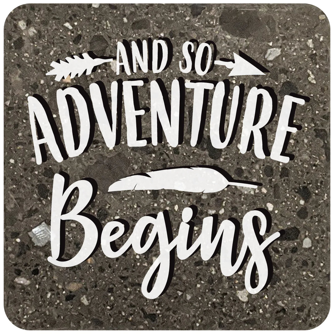 4" Square Black Stone Coaster - And so adventure begins, 2 Sets of 4, 8 Pieces - Christmas by Krebs Wholesale