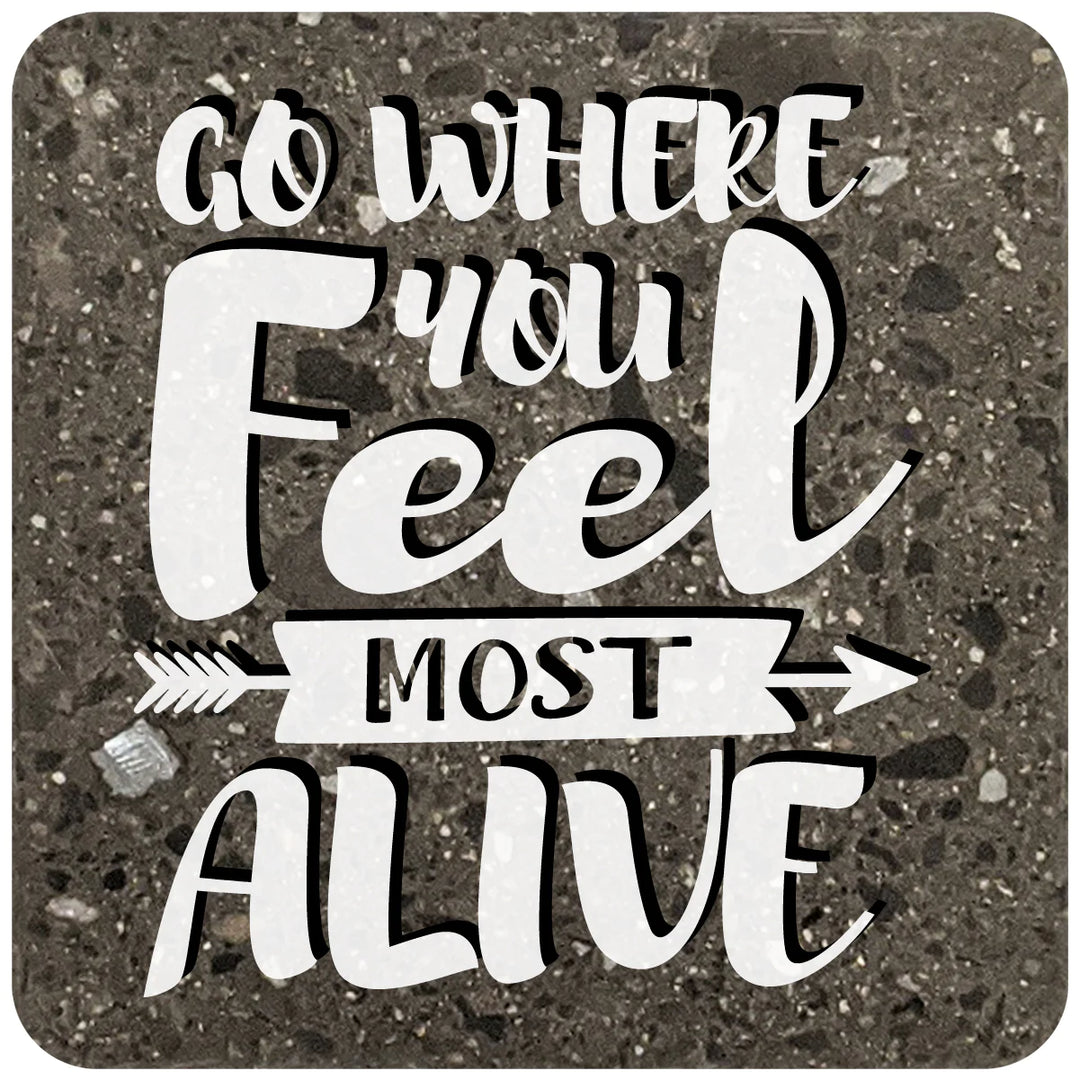 4" Square Black Stone Coaster - Go Where You Feel Most Alive, 2 Sets of 4, 8 Pieces - Christmas by Krebs Wholesale