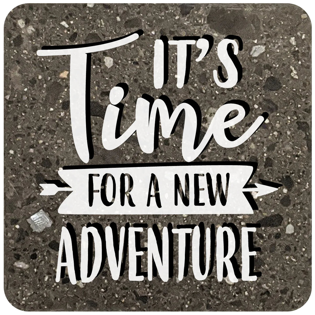 4" Square Black Stone Coaster - Its Time For A New Adventure, 2 Sets of 4, 8 Pieces - Christmas by Krebs Wholesale