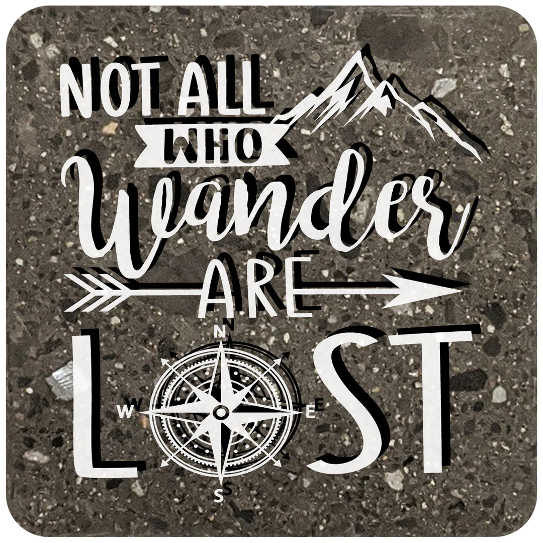 4" Square Black Stone Coaster - Not All Who Wander Are Lost, 2 Sets of 4, 8 Pieces - Christmas by Krebs Wholesale