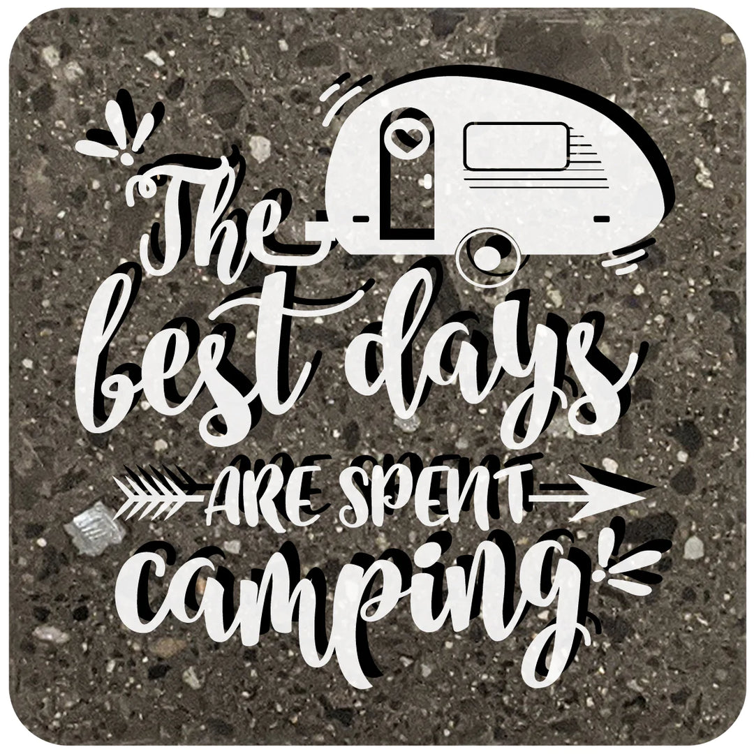 4" Square Black Stone Coaster - The Best Days Are Spent Camping, 2 Sets of 4, 8 Pieces - Christmas by Krebs Wholesale