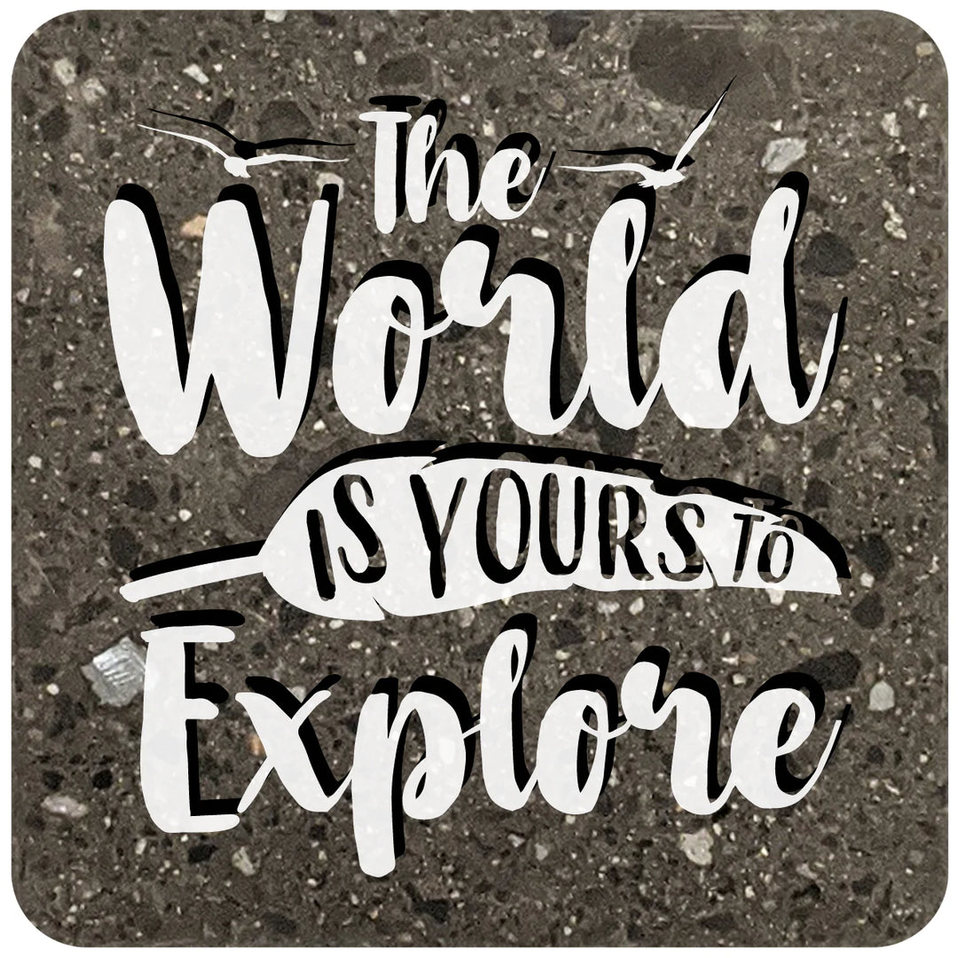 4" Square Black Stone Coaster - The World Is Yours To Explore, 2 Sets of 4, 8 Pieces - Christmas by Krebs Wholesale