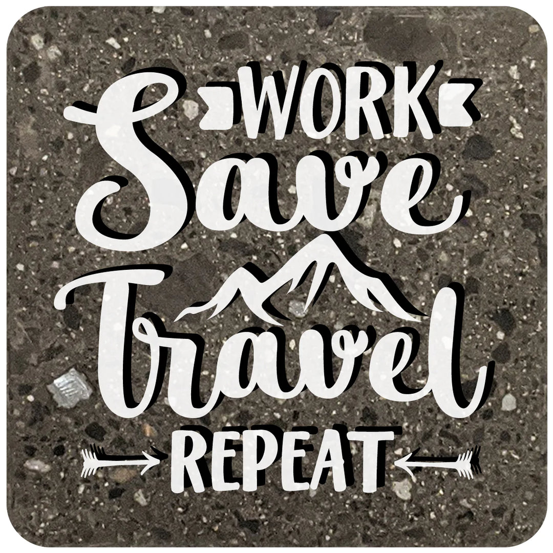 4" Square Black Stone Coaster - Work Save Travel Repeat, 2 Sets of 4, 8 Pieces - Christmas by Krebs Wholesale