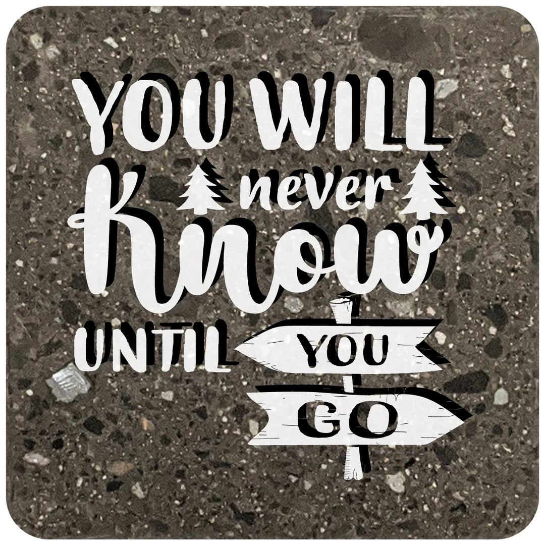 4" Square Black Stone Coaster - You Will Never Know Until You Go, 2 Sets of 4, 8 Pieces - Christmas by Krebs Wholesale