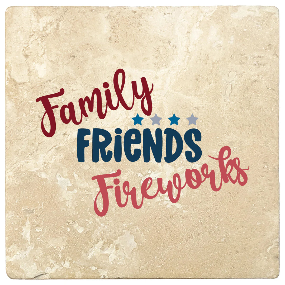 4 Inch Square Travertine Family, Friends, Fireworks, 2 Sets of 4, 8 Pieces - Christmas by Krebs Wholesale