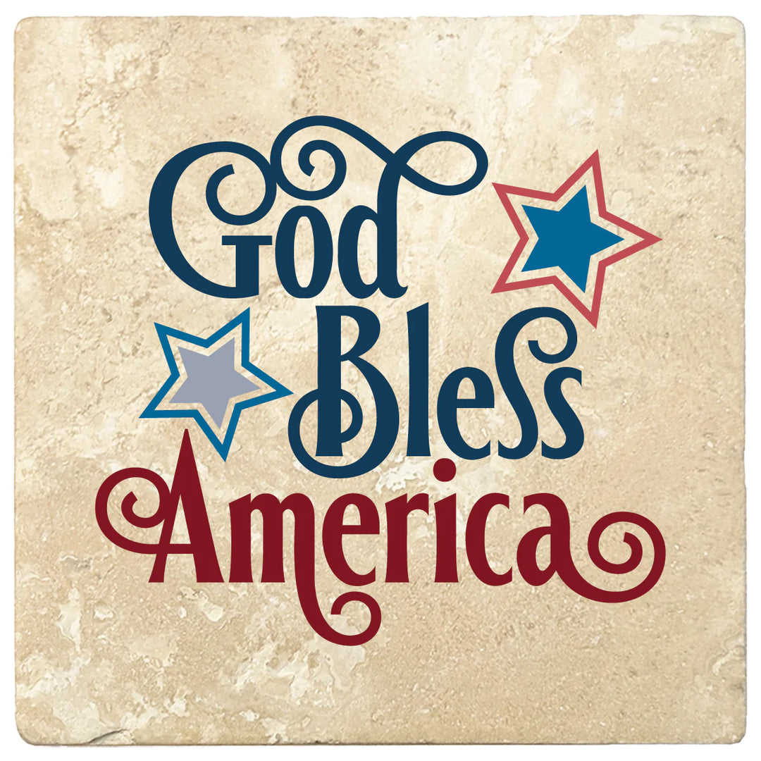4 Inch Square Travertine God Bless America, 2 Sets of 4, 8 Pieces - Christmas by Krebs Wholesale