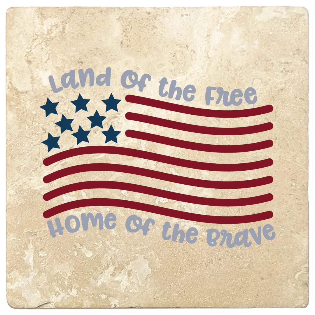 4 Inch Square Travertine Land of the Free, Home of the Brave, 2 Sets of 4, 8 Pieces - Christmas by Krebs Wholesale