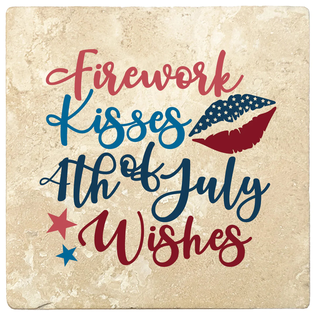 4 Inch Square Travertine Firework Kissed 4th of July Wishes, 2 Sets of 4, 8 Pieces - Christmas by Krebs Wholesale