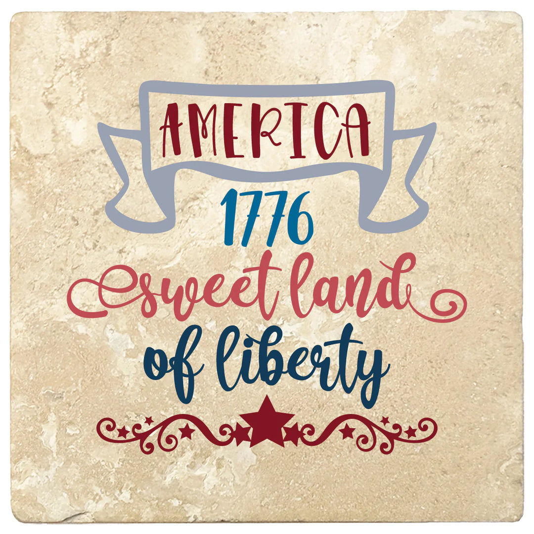 4 Inch Square Travertine America 1776 Sweet Land of Liberty, 2 Sets of 4, 8 Pieces - Christmas by Krebs Wholesale