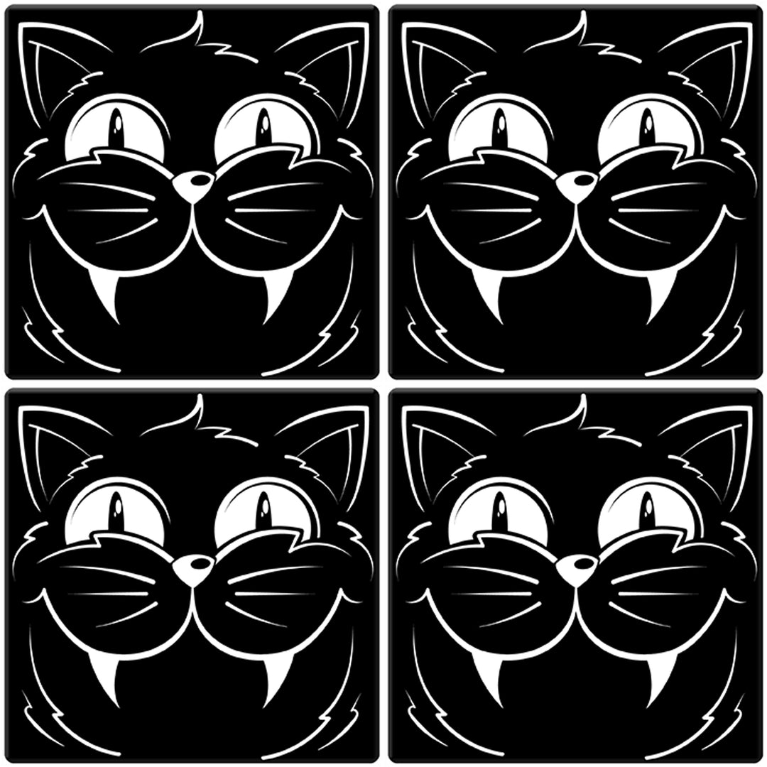 [Set of 4] 4" Premium Absorbent Ceramic Square Halloween Party Coaster - Black Cat Head