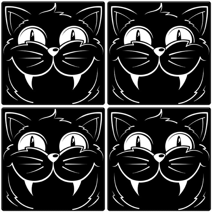 [Set of 4] 4" Premium Absorbent Ceramic Square Halloween Party Coaster - Black Cat Head