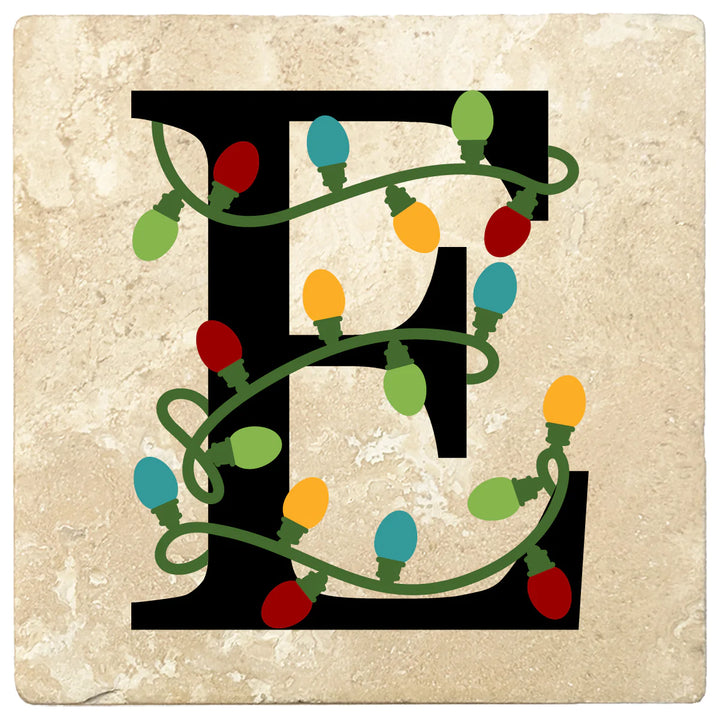 4" Absorbent Square Travertine Monogram Coasters, Christmas lights Design, 2 Sets of 4, 8 Pieces - Christmas by Krebs Wholesale