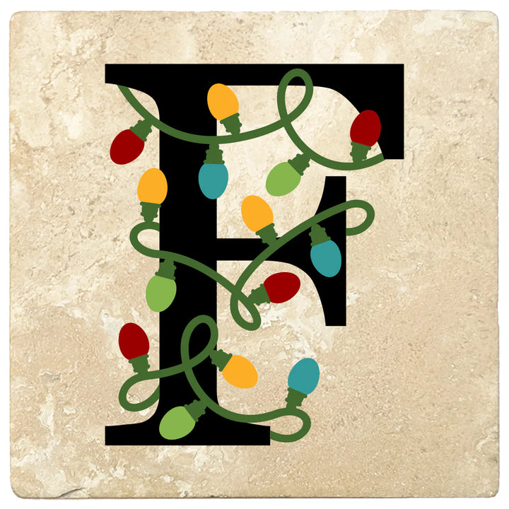 4" Absorbent Square Travertine Monogram Coasters, Christmas lights Design, 2 Sets of 4, 8 Pieces - Christmas by Krebs Wholesale