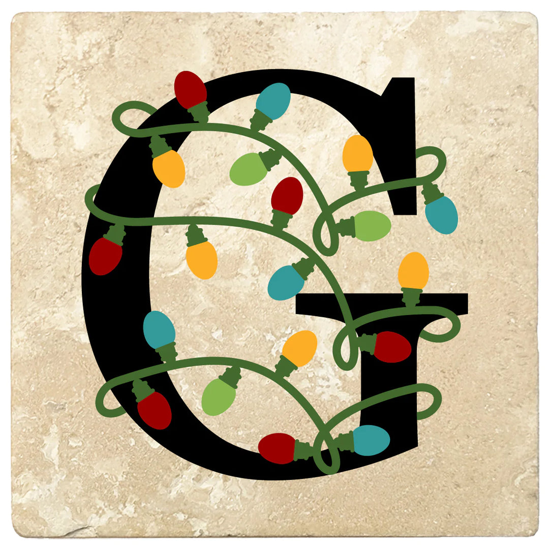 4" Absorbent Square Travertine Monogram Coasters, Christmas lights Design, 2 Sets of 4, 8 Pieces - Christmas by Krebs Wholesale