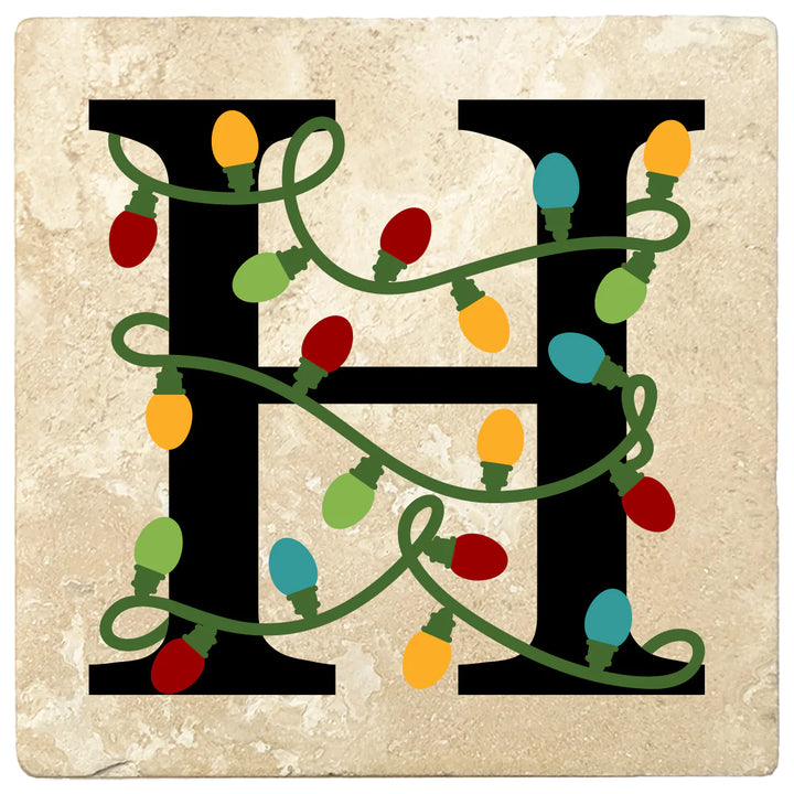 4" Absorbent Square Travertine Monogram Coasters, Christmas lights Design, 2 Sets of 4, 8 Pieces - Christmas by Krebs Wholesale