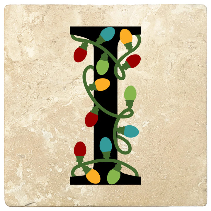 4" Absorbent Square Travertine Monogram Coasters, Christmas lights Design, 2 Sets of 4, 8 Pieces - Christmas by Krebs Wholesale