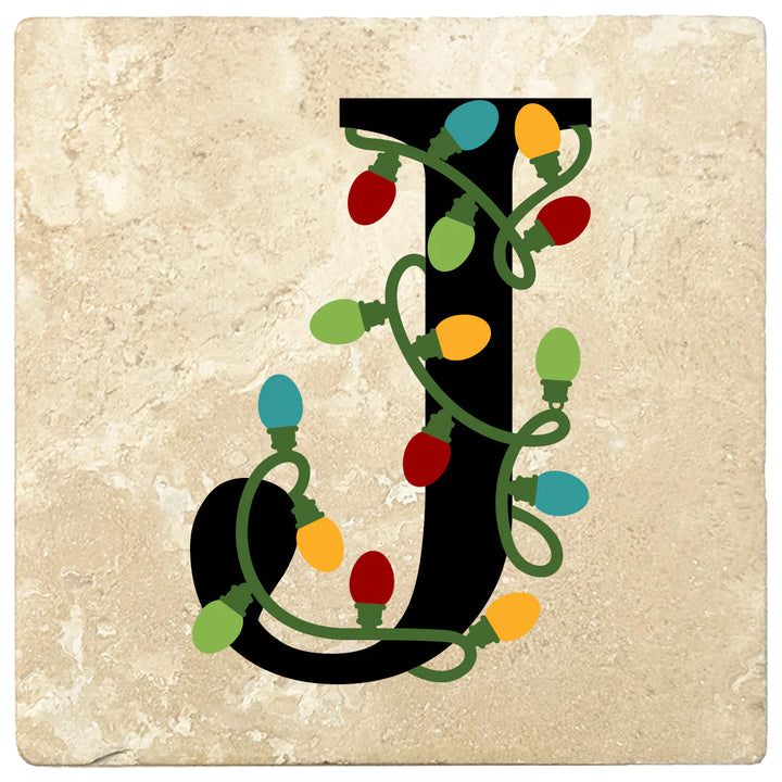 4" Absorbent Square Travertine Monogram Coasters, Christmas lights Design, 2 Sets of 4, 8 Pieces - Christmas by Krebs Wholesale
