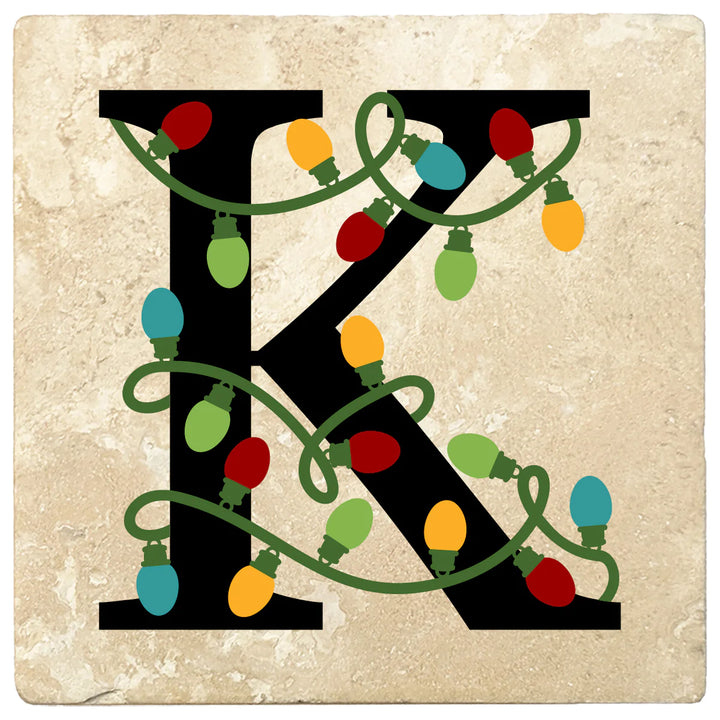 4" Absorbent Square Travertine Monogram Coasters, Christmas lights Design, 2 Sets of 4, 8 Pieces - Christmas by Krebs Wholesale