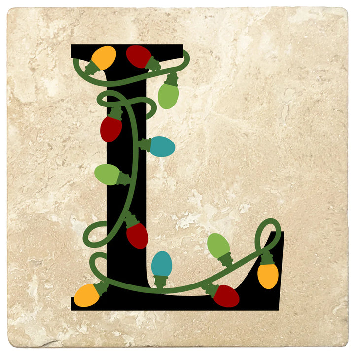 4" Absorbent Square Travertine Monogram Coasters, Christmas lights Design, 2 Sets of 4, 8 Pieces - Christmas by Krebs Wholesale