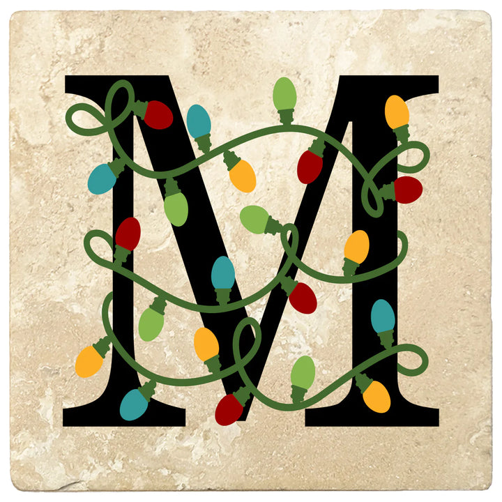 4" Absorbent Square Travertine Monogram Coasters, Christmas lights Design, 2 Sets of 4, 8 Pieces - Christmas by Krebs Wholesale