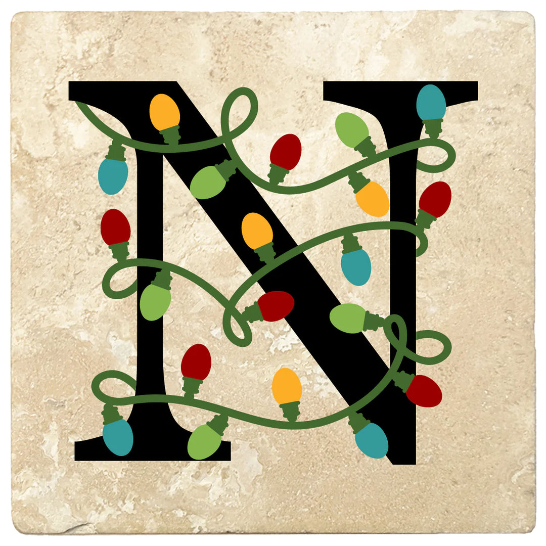 4" Absorbent Square Travertine Monogram Coasters, Christmas lights Design, 2 Sets of 4, 8 Pieces - Christmas by Krebs Wholesale