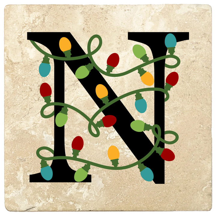 4" Absorbent Square Travertine Monogram Coasters, Christmas lights Design, 2 Sets of 4, 8 Pieces - Christmas by Krebs Wholesale
