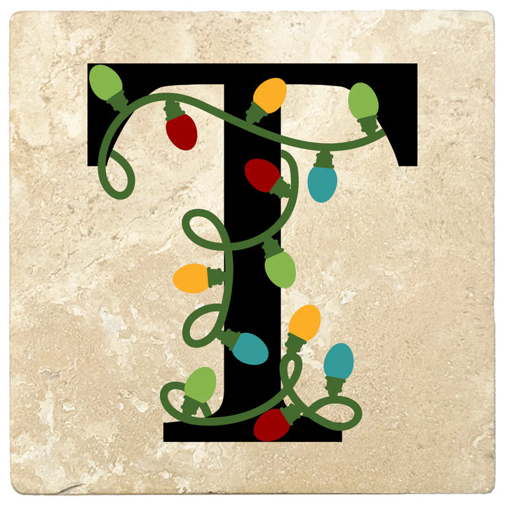 4" Absorbent Square Travertine Monogram Coasters, Christmas lights Design, 2 Sets of 4, 8 Pieces - Christmas by Krebs Wholesale